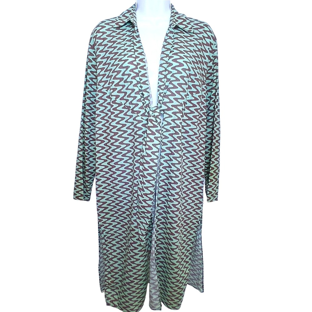 Zara Women S‎ Green Brown Zig Zag Duster Cardigan Cotton Kimono Cover Up Boho